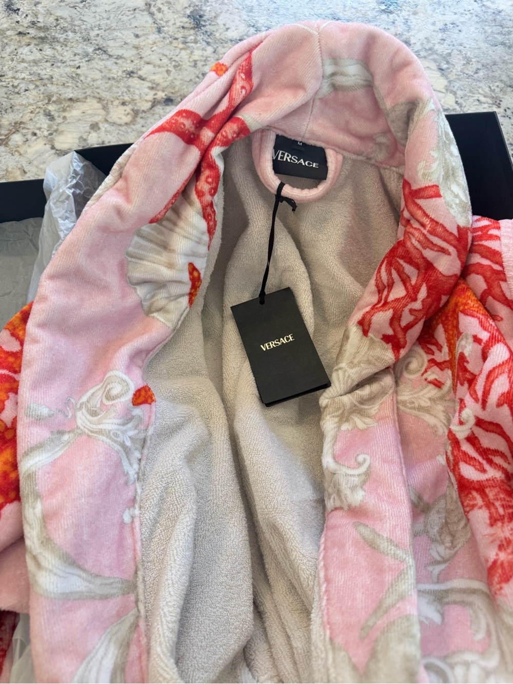 Versace Pink and Coral Velour Hooded Robe - Picture 3 of 4
